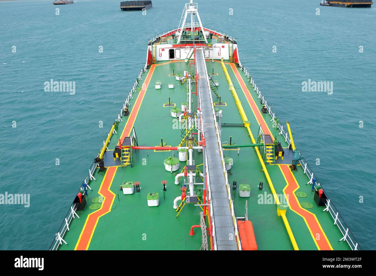 Aerial view of the bow of a chemical tanker. Industrial fuel tanker anchored in the water Stock Photo