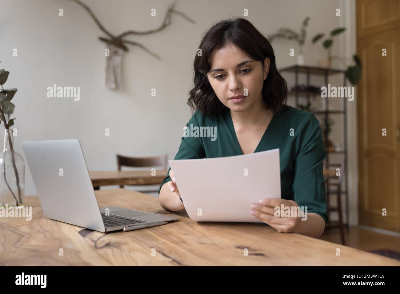 Serious freelance business woman working on report at home Stock Photo