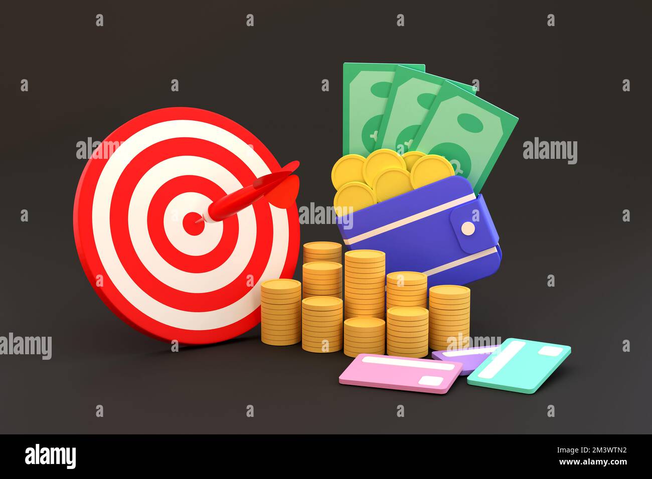 3D. Target darts banknotes and coins. investment business Stock Photo Alamy