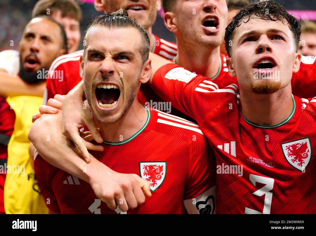 File photo dated 21-11-2022 of Wales' Gareth Bale (left) celebrates with his team-mates after scoring their side's first goal of the game from the penalty spot during the FIFA World Cup Group B match at the Ahmad Bin Ali Stadium, Al-Rayyan. The former Real Madrid star scored a late spot-kick in the 1-1 draw against the USA but did not have the tournament he had dreamed about. Issue date: Saturday December 17, 2022. Stock Photo