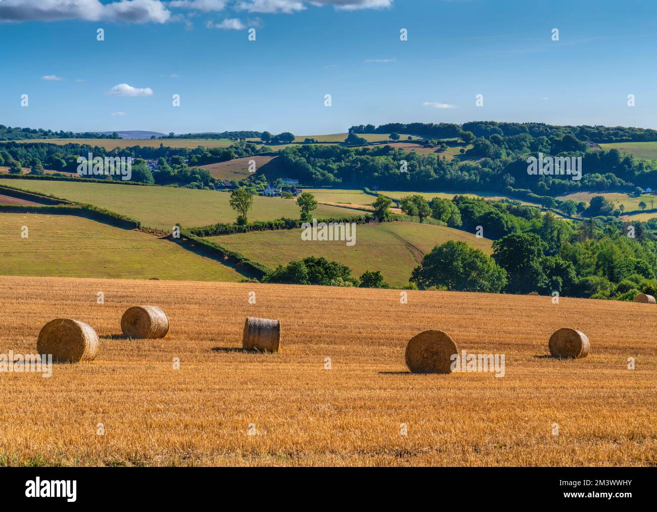 English country scene with hay bales like cotton reels Stock Photo
