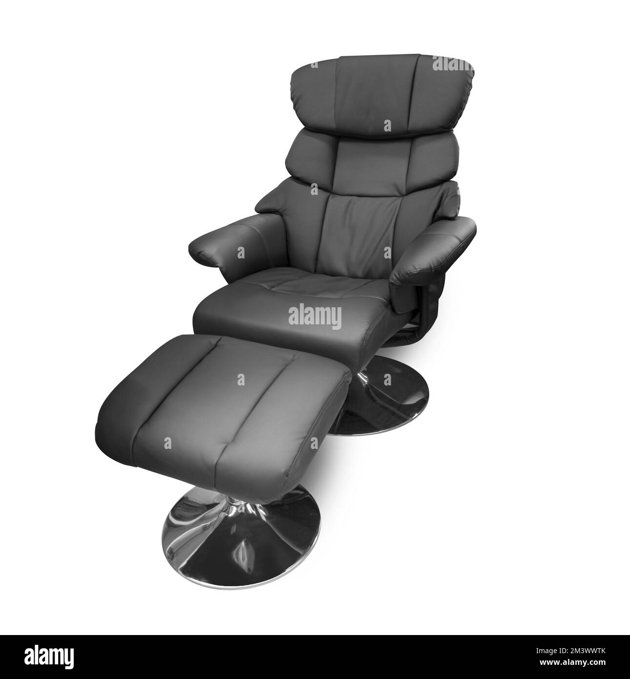 Adjustable black leather chair with footrest isolated on white