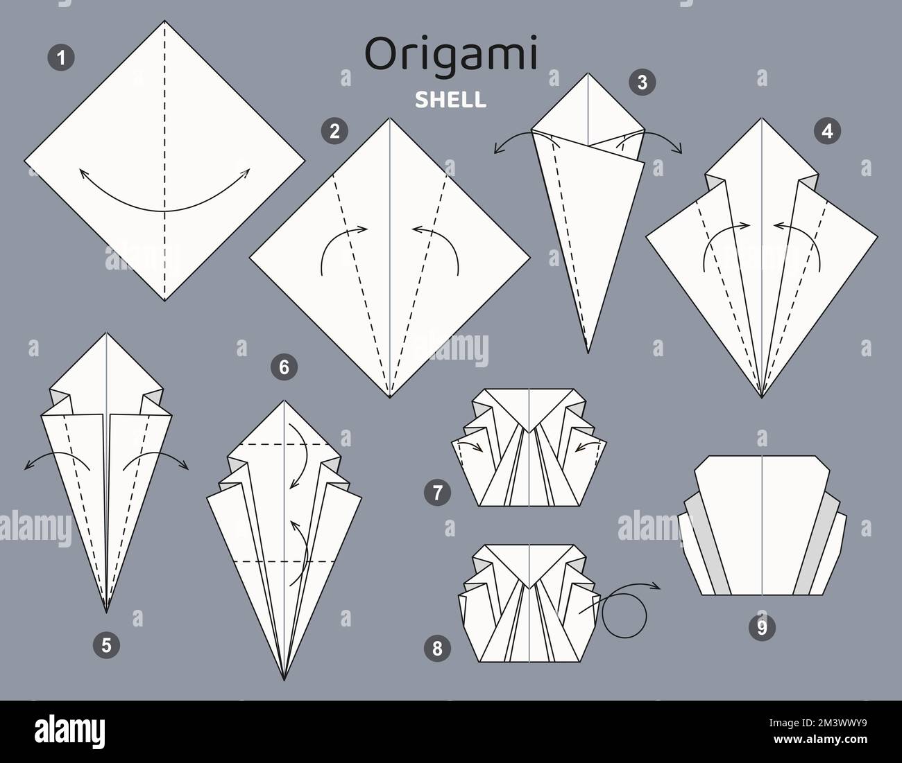 Origami tutorial. Origami scheme for kids Shell Stock Vector Image ...