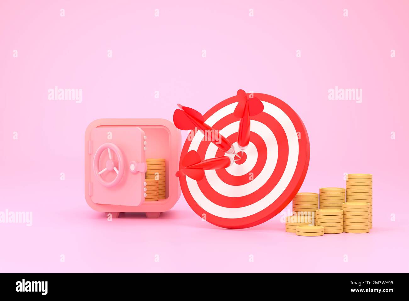 3D. red darts target with a pile of money, safe and a bag of money. financial business concept Stock Photo