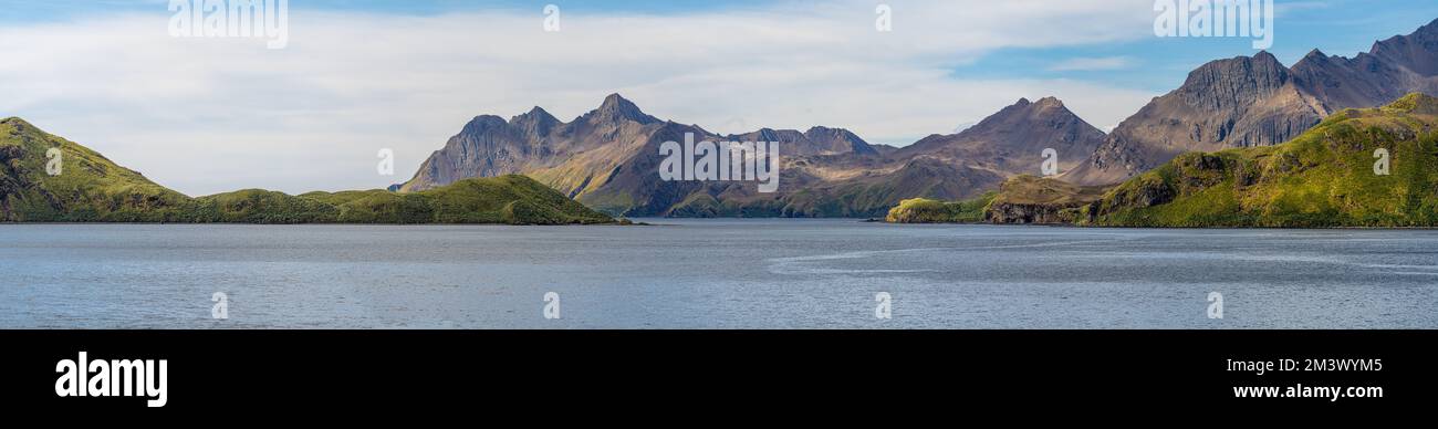 beautiful, rugged, unspoilt nature on the east coast of South Georgia off and in Stromness Bay Stock Photo