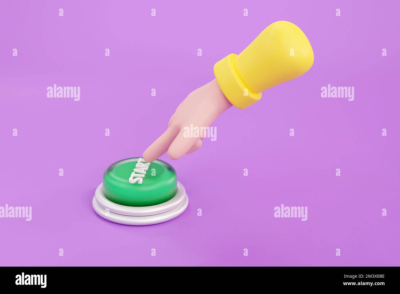 3D. Cartoon hand pressing the red button. system control Stock Photo