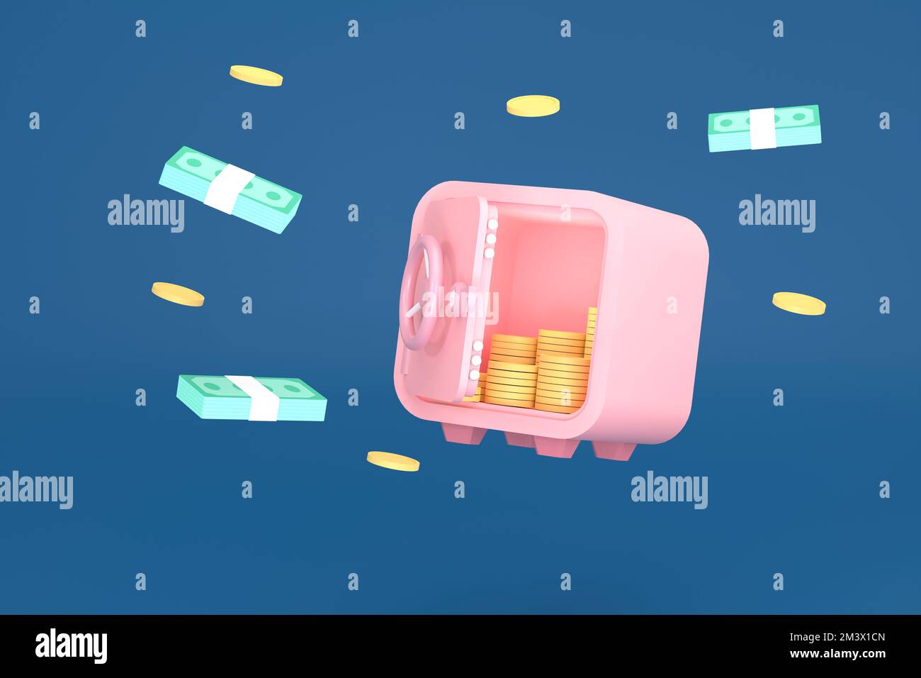 3D. Cartoon safe box float, security, coins, credit debit card, earn