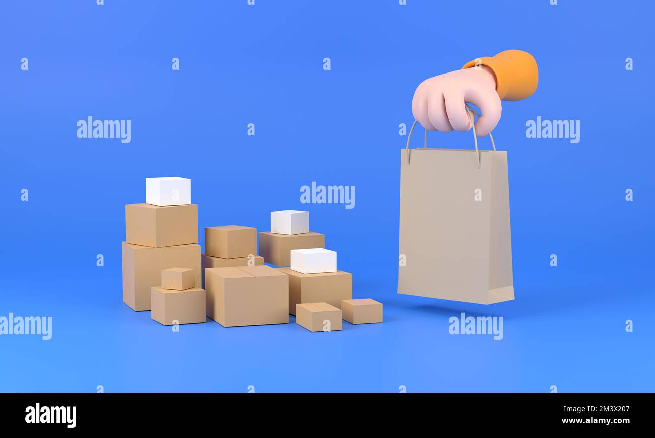 3D. hand holding brown paper bag isolated on blue background Stock ...