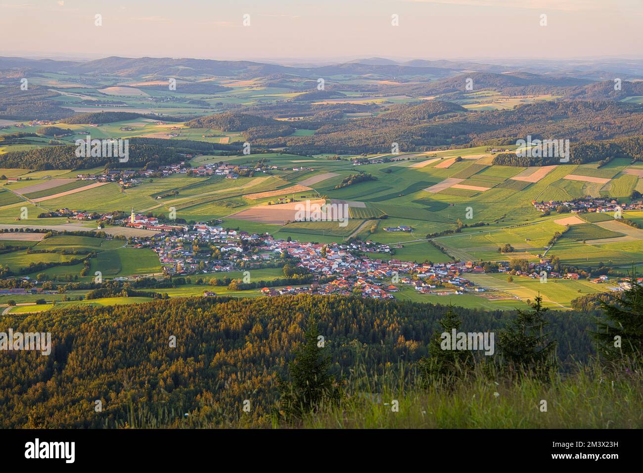View from mount Hoher Bogen to Neukirchen beim Heiligen Blut, a small town in the Bavarian Forest. Lamer Winkel, district of Cham, Upper Palatinate, B Stock Photo