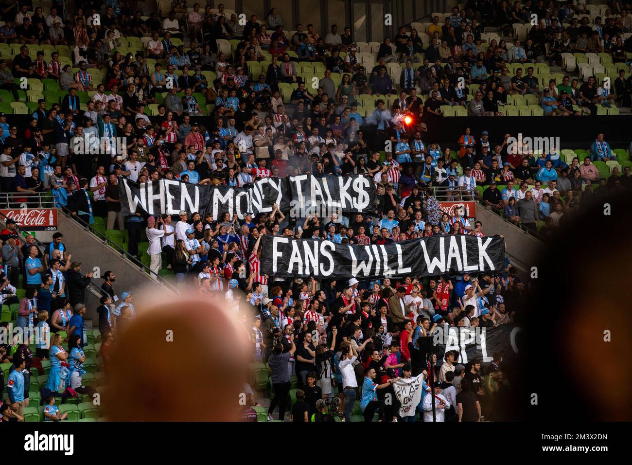 Melbourne, Victoria, Australia. 17 Dec 2022. Melbourne City fans hold up a sign protesting the recent decision to host the A-League Grand Final in Sydney. Stock Photo