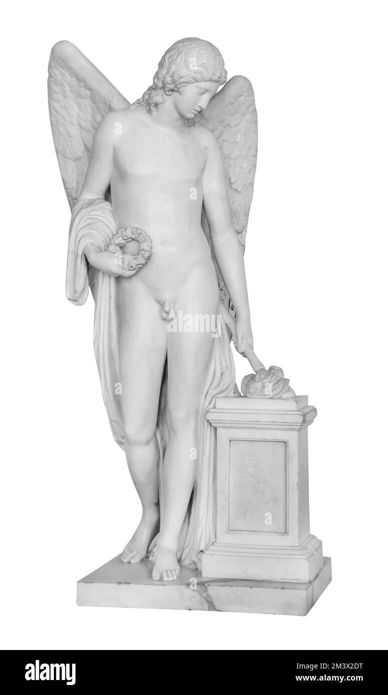 Ancient archangel statue. Angel genius sculpture. Masterpiece isolated photo with clipping path Stock Photo