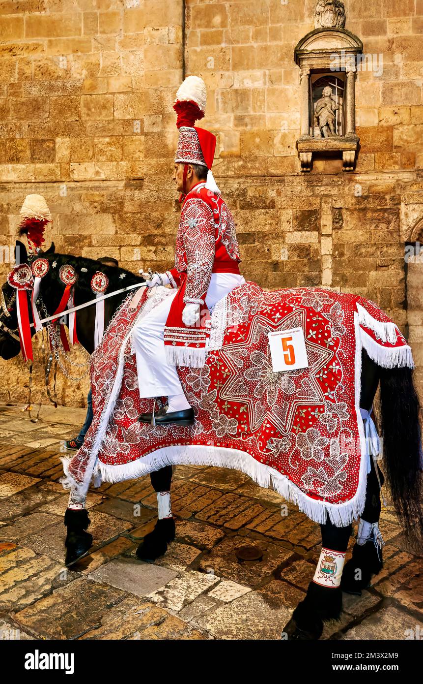 Apulia Puglia Italy. Ostuni. Festival of Saint Orontius. The 'cavalcata', a procession of horses in the streets of the town Stock Photo