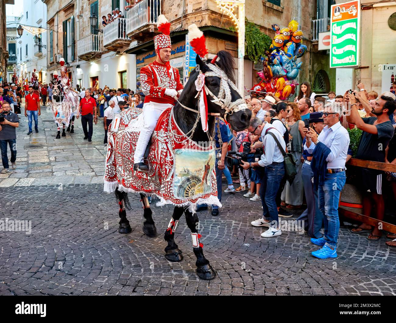 Apulia Puglia Italy. Ostuni. Festival of Saint Orontius. The 'cavalcata', a procession of horses in the streets of the town Stock Photo