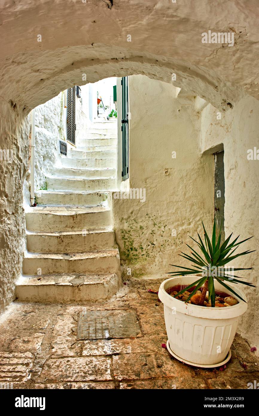 Apulia Puglia Italy. Ostuni. The white town. The narrow alleys of the old town Stock Photo