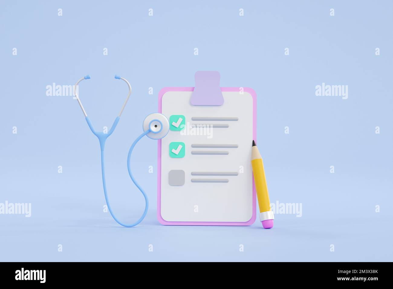 3D. Stethoscope and notes on blue background, health check concept. Stock Photo