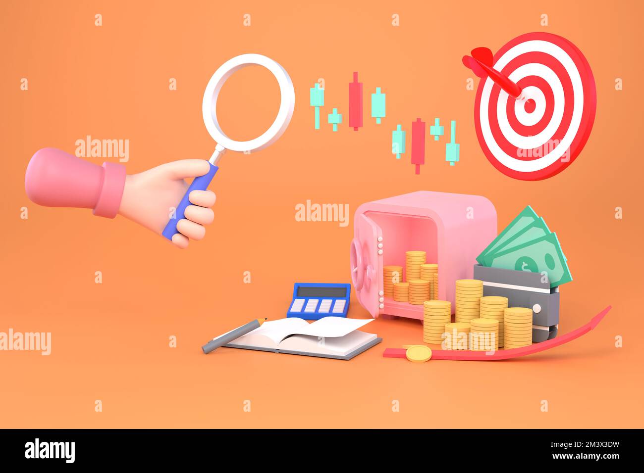 3D. hand holding magnifying glass and Safe bank, stacks of coins ...
