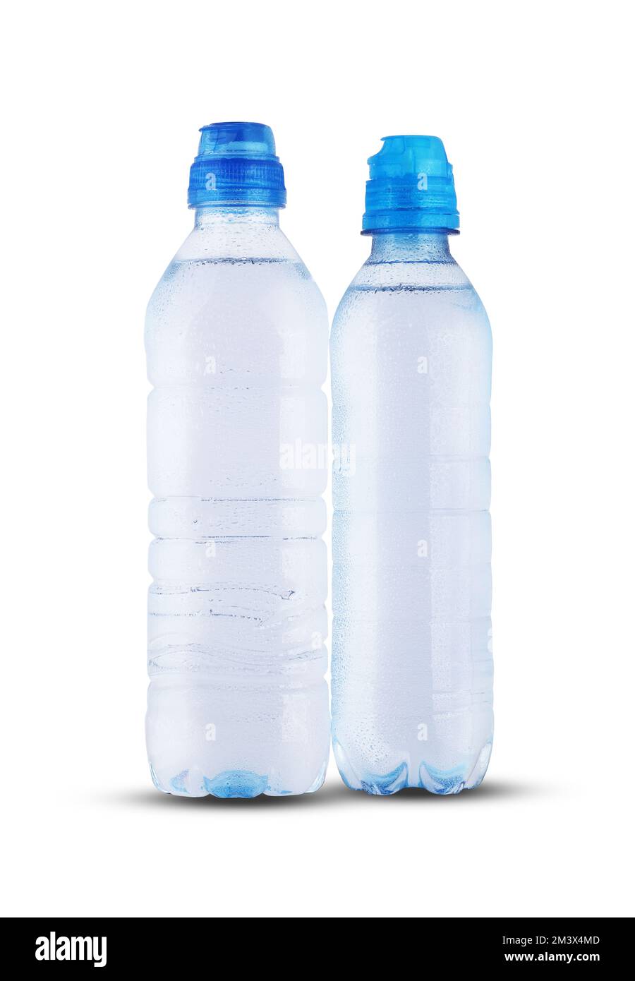 two plastic bottles with mineral water on white background Stock Photo