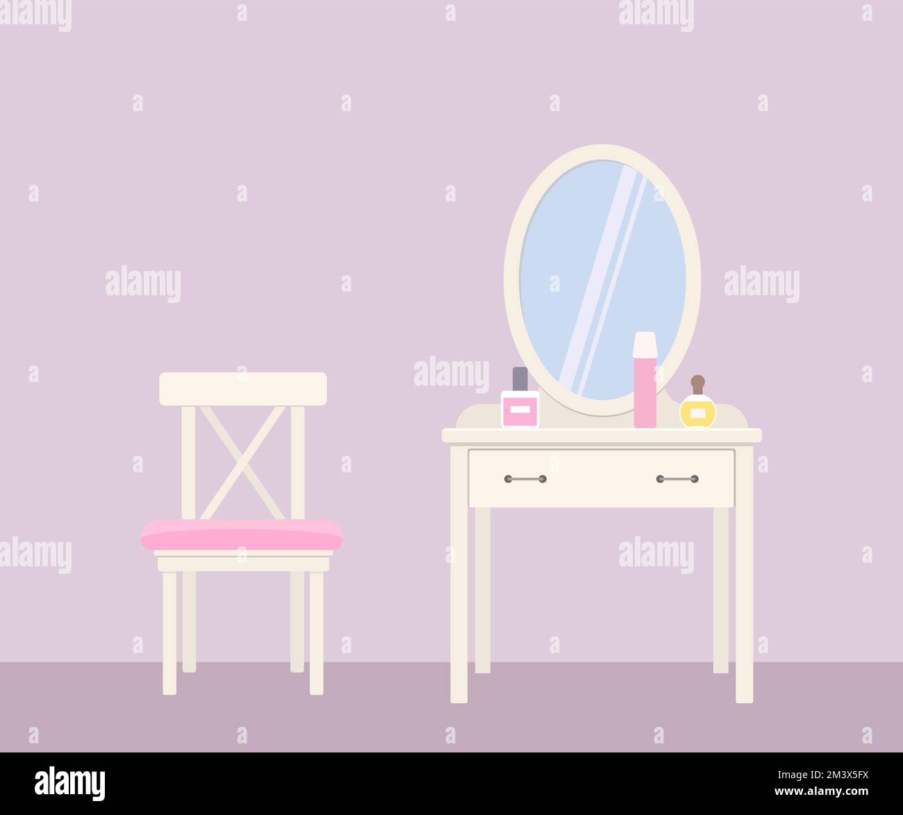 Dressing table with mirror, and chair isolated on purple background
