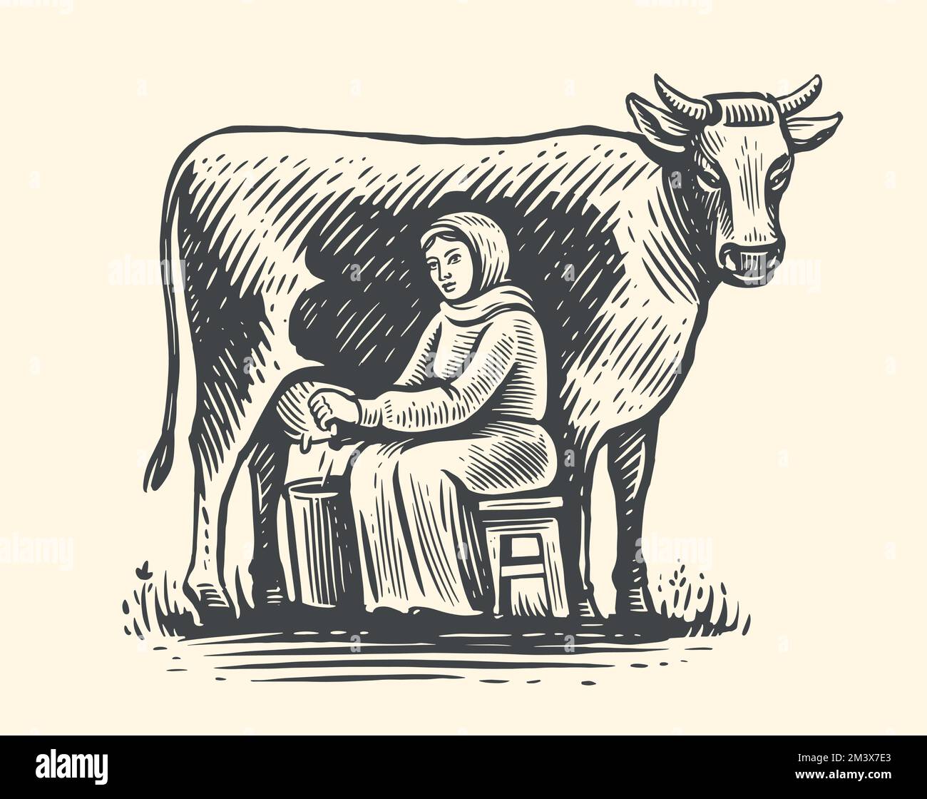 Milkmaid milking cow in field. Dairy farm concept sketch. Production of organic food and drinks based on natural milk Stock Vector