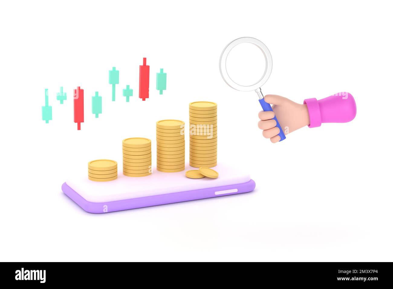 3D. hand holding magnifying glass and coins, graph on a mobile phone concept of financial management. white background Stock Photo