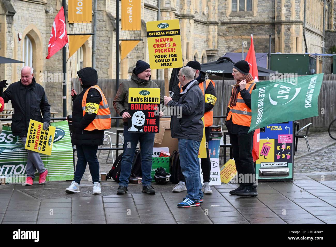 Bristol, UK. 17th December 2022. RMT pickets outside Bristol Temple