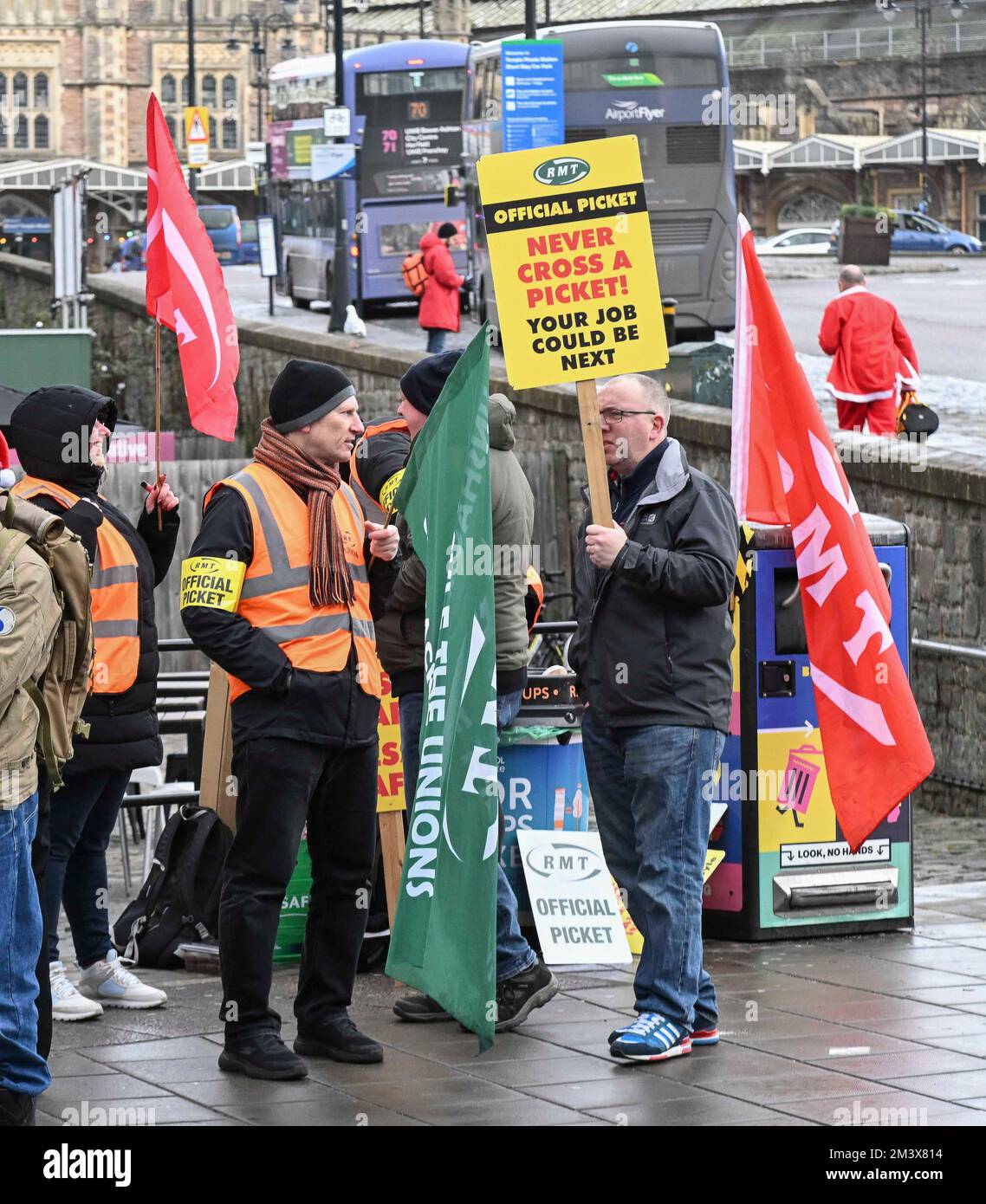 Bristol, UK. 17th December 2022. RMT pickets outside Bristol Temple