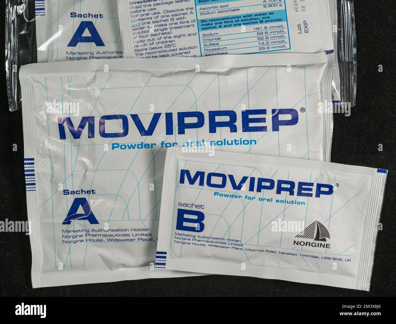 Sachets of Moviprep, a lemon flavored laxative used by patients prior to a colonoscopy in the UK. Stock Photo