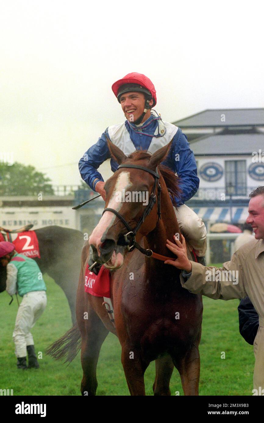 File photo dated 04-06-1994 of Jockey Frankie Dettori is led in on Balanchine after winning The Energizer Oaks at Epsom. Frankie Dettori will retire at the end of 2023, the rider has told ITV Racing. Issue date: Issue date: Saturday December 17, 2022. Stock Photo