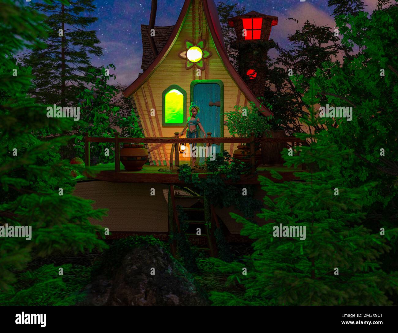 Small old magic fairy or elf house in the forest at the night. 3d