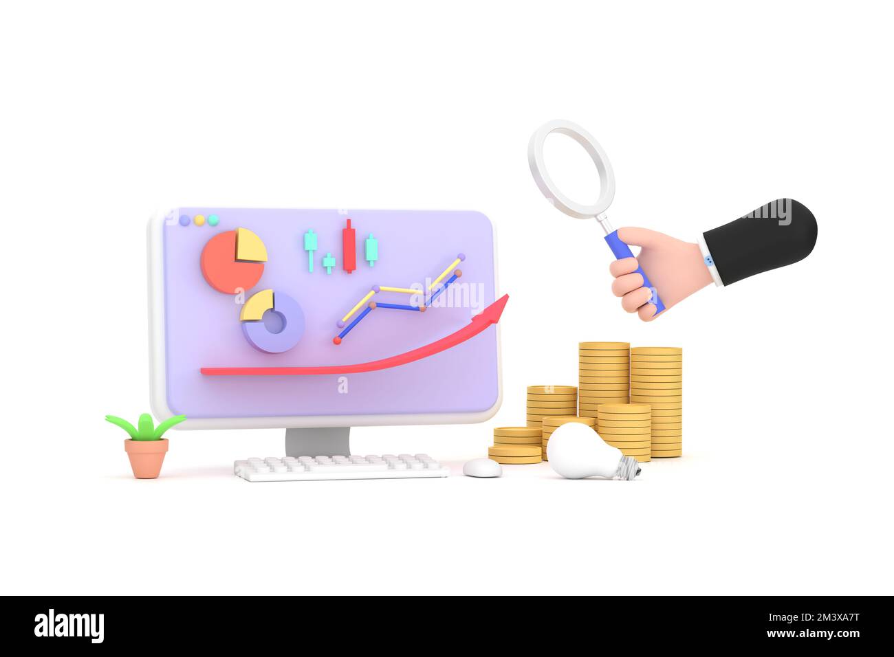 3D. hand holding magnifying glass and computer and stock chart, investment, coin and purse. financial concept Stock Photo