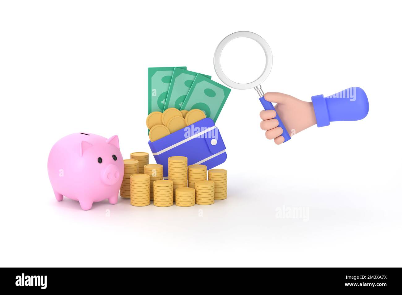 3D. hand holding magnifying glass and Banknotes and coins in wallet with piggy bank. savings idea. Stock Photo