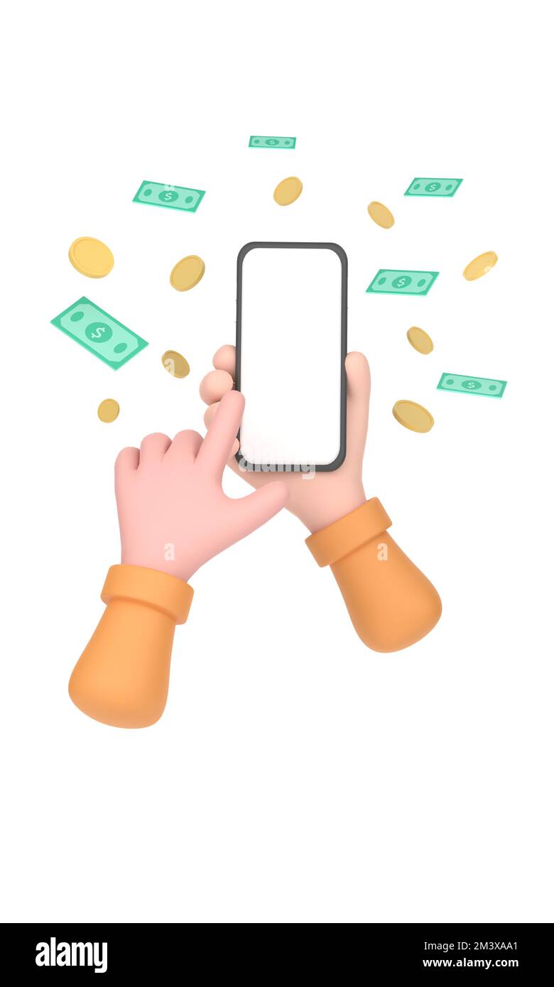 3D. Hand mobile phone that can earn coins and banknotes Stock Photo