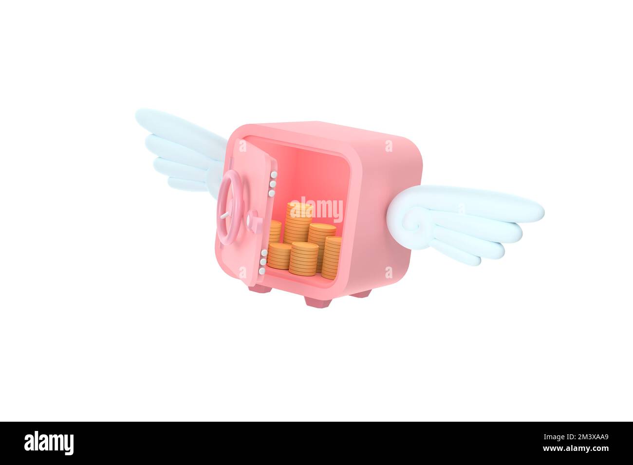 3D. A safety deposit box with flying wings is a symbol of financial freedom. Stock Photo