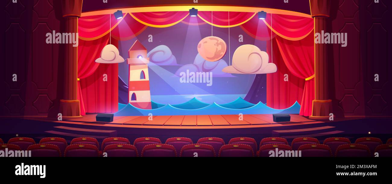 Theater stage with red curtains, seats and decoration beacon, sea waves and moon with clouds