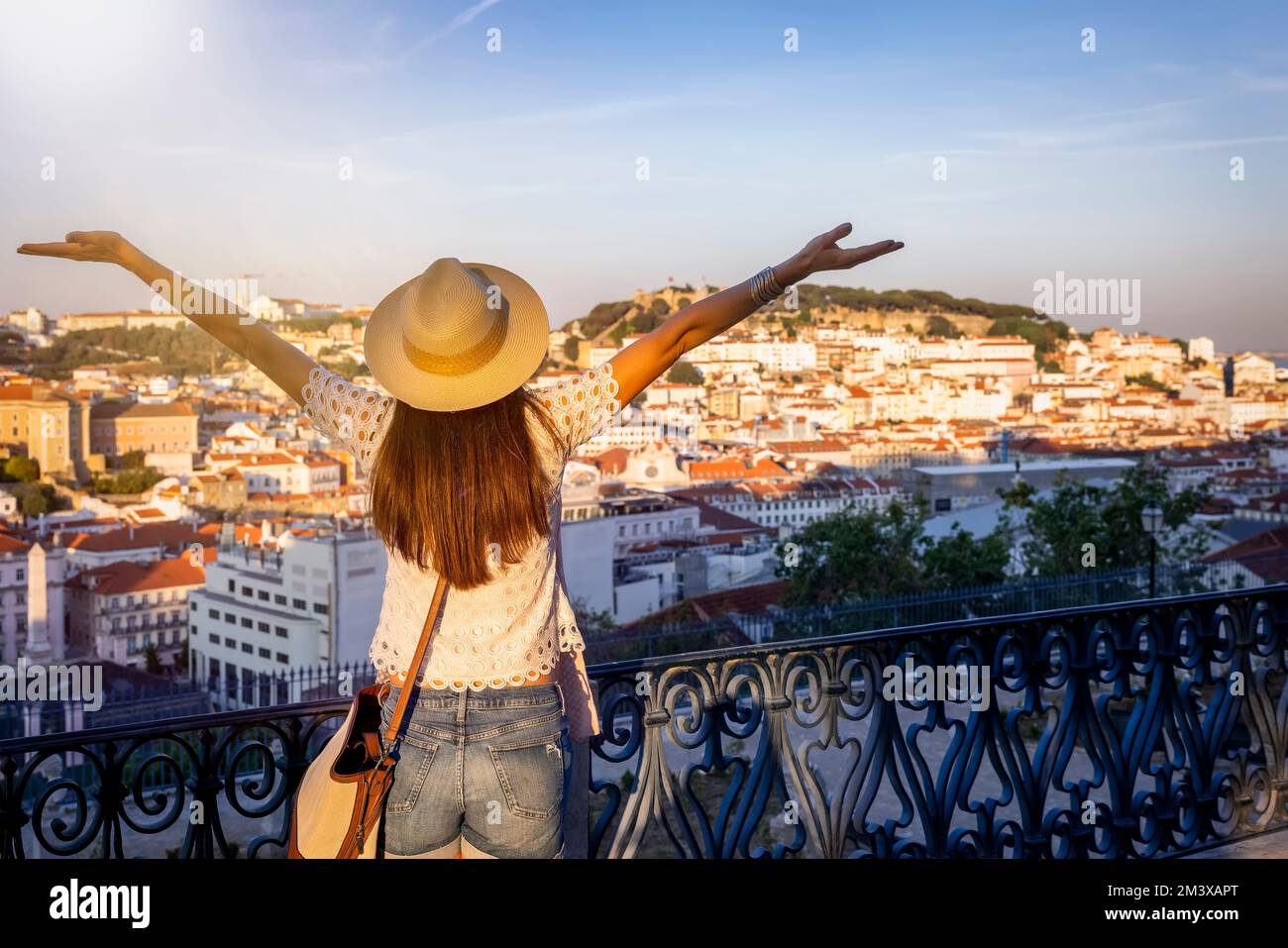 Happy tourist woman overlooks hi-res stock photography and images - Alamy