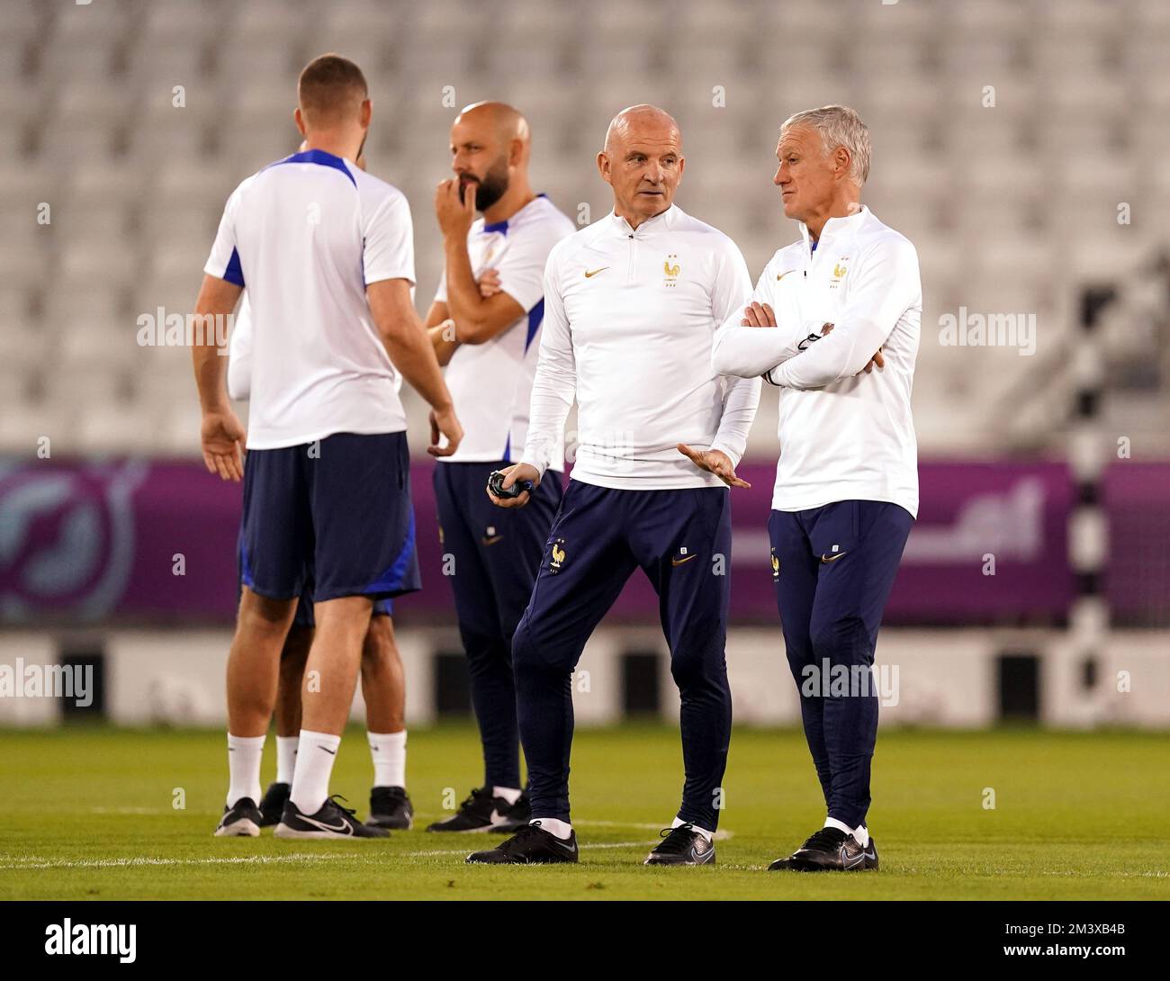 France manager Didier Deschamps (right) during a training session at Al Sadd SC Stadium in Doha, Qatar. Picture date: Saturday December 17, 2022. Stock Photo