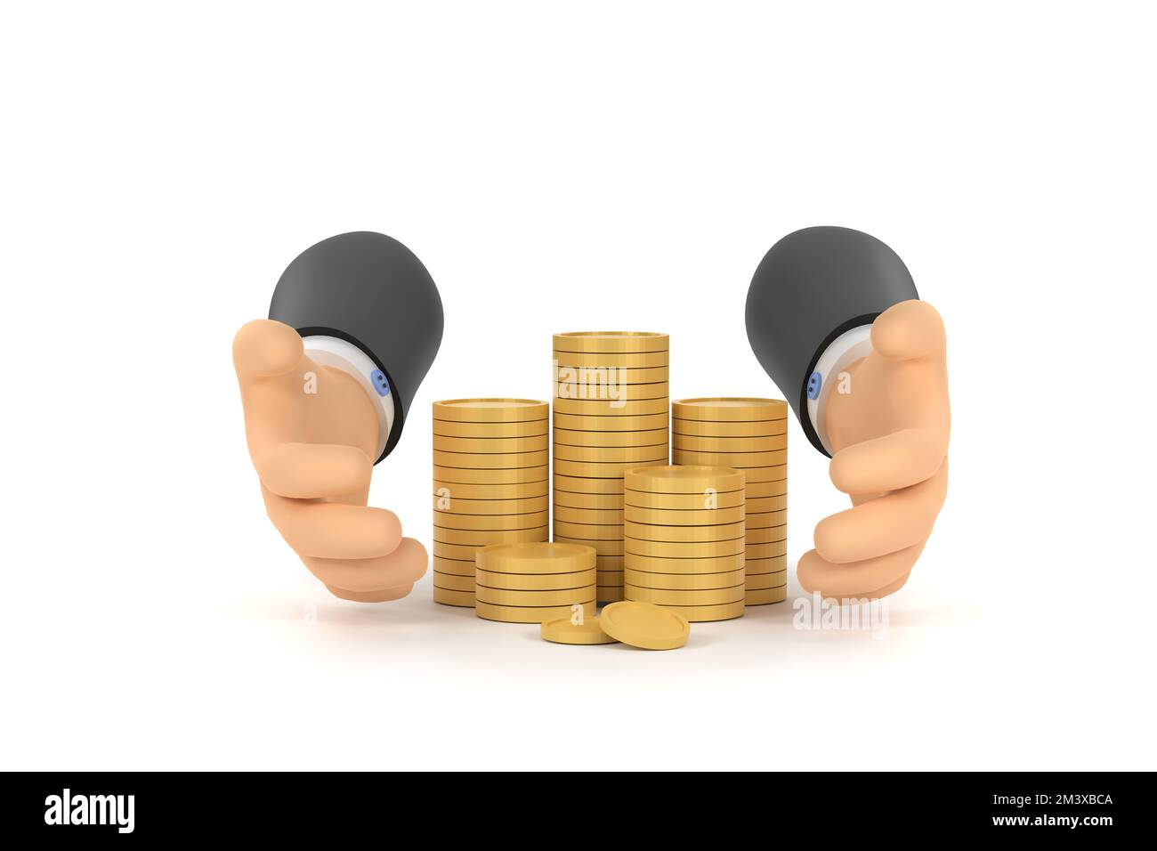 3D. coins in hands. saving money concept. Stock Photo