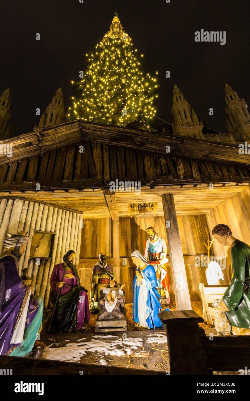 Christmas Nativity at Wiener Christkindlmarkt (Christmas market), Rathaus Platz (City Hall Square), Vienna, Austria Stock Photo