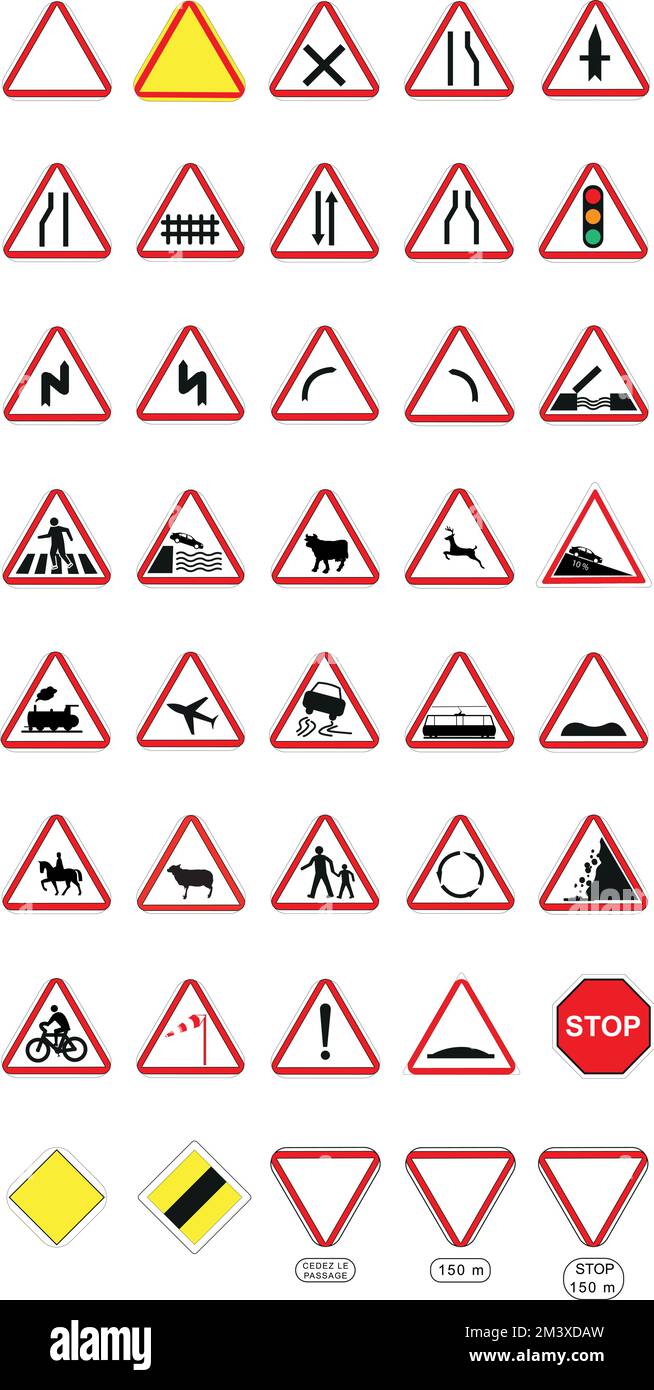Ensemble de panneaux du code de la route français: avertisseurs de danger Stock Vector