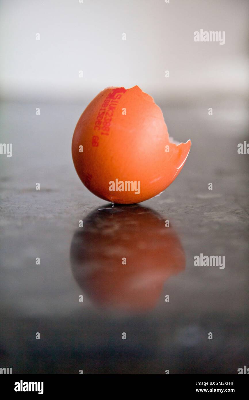 An empty egg shell on a worksurface Stock Photo