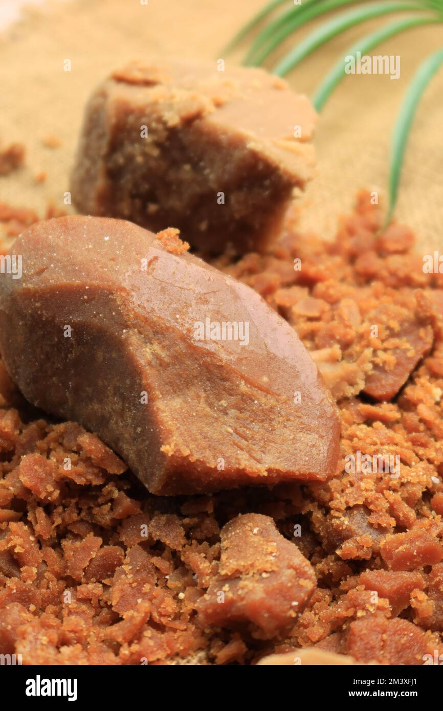 Jaggery traditional cane sugar cube on table  Stock Photo