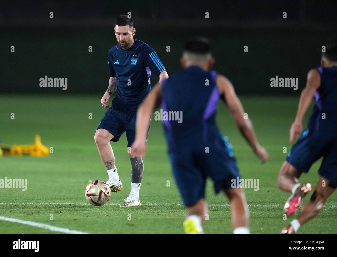 Argentina's Lionel Messi during a training session at Qatar University ...
