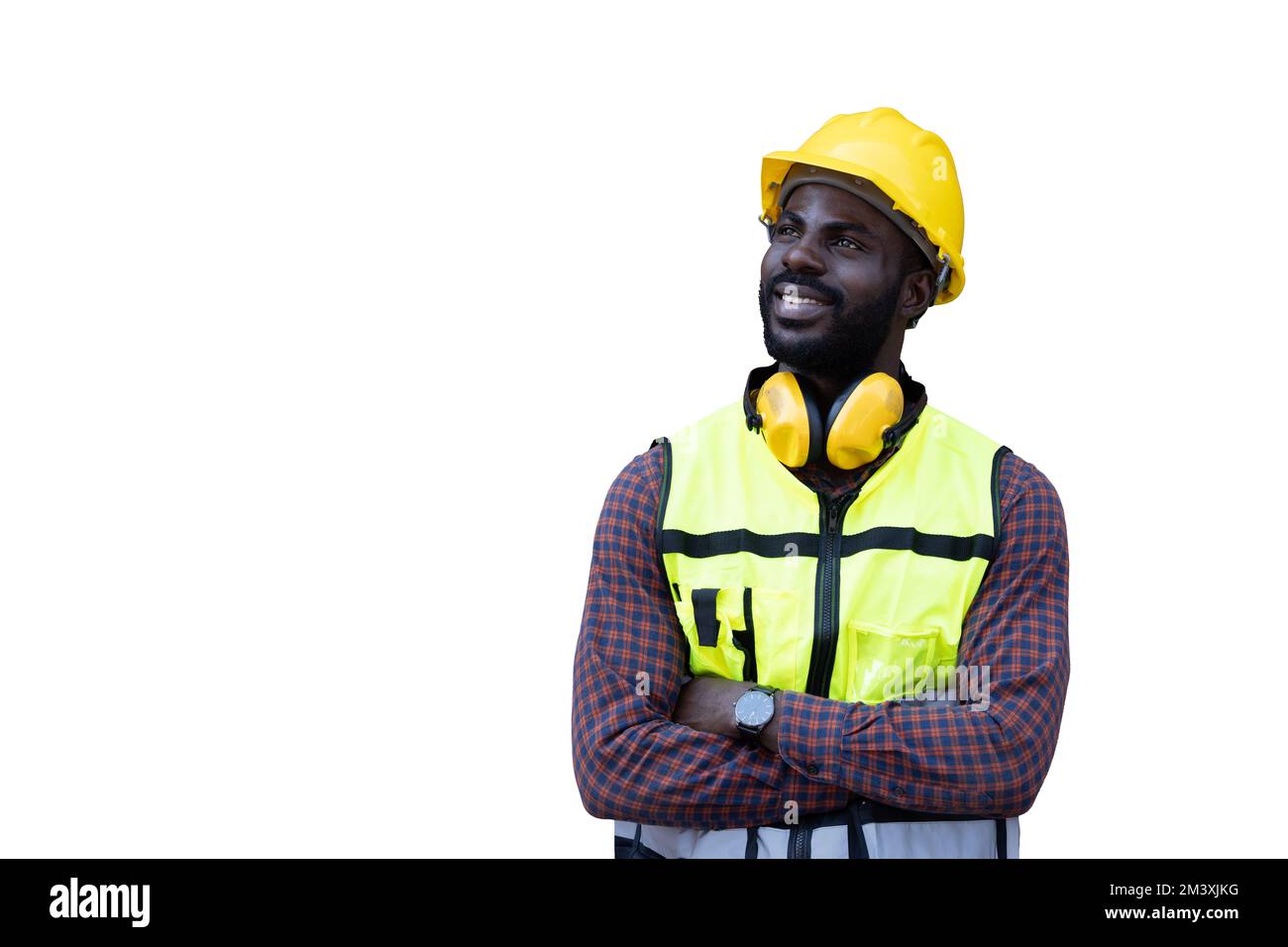 portrait engineer worker black african standing smile haft body looking high against white Stock Photo