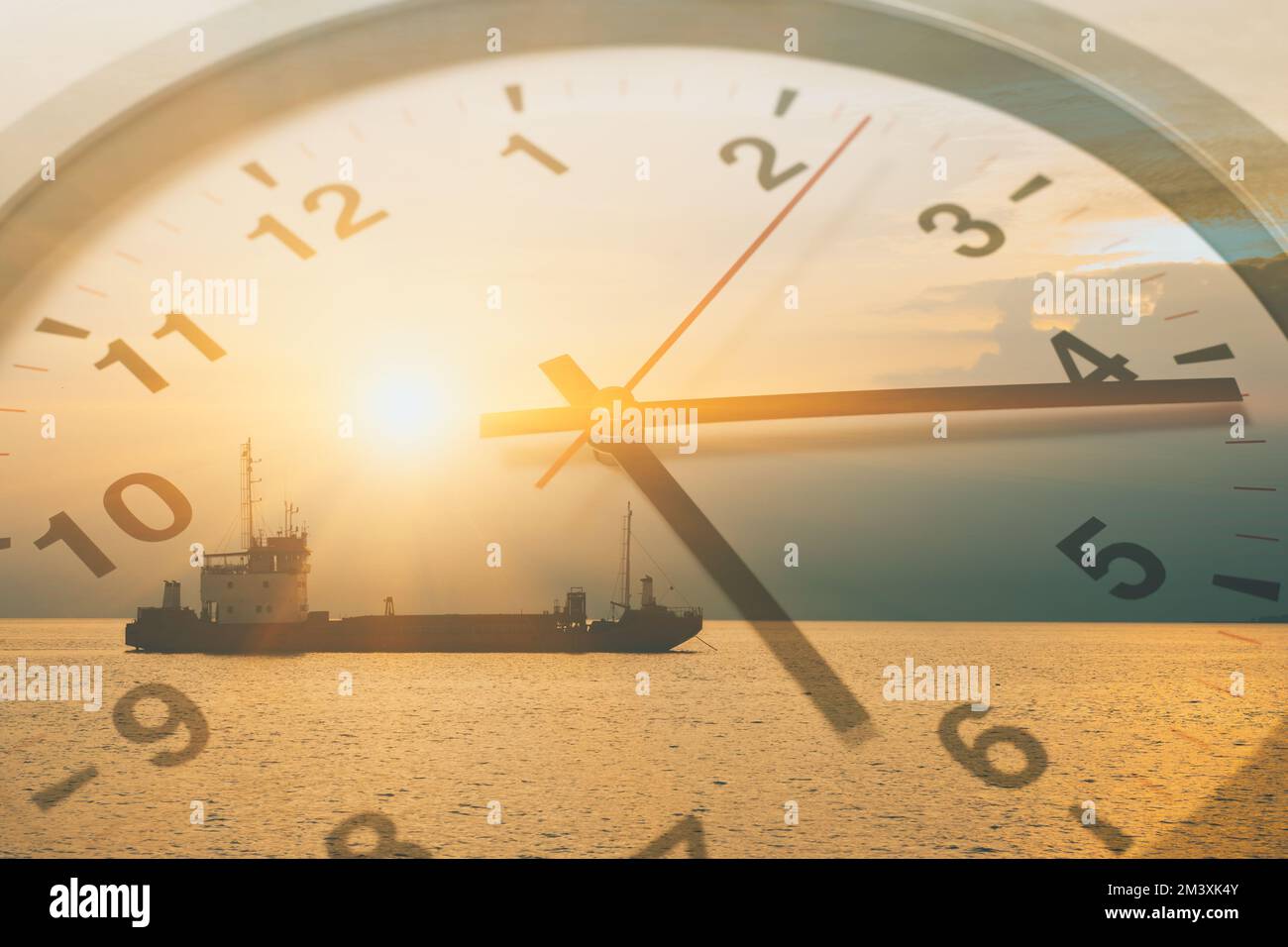 Shipping time transport timing cargo delivery speed times schedule concept. Maritime sea boat overlay with clock. Stock Photo