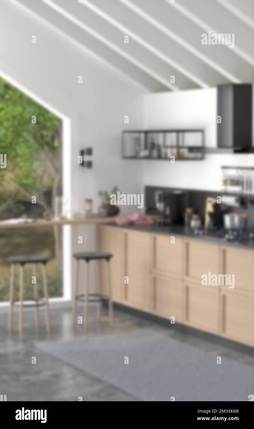 3D. Blur background interior design, minimalistic classic kitchen Stock Photo