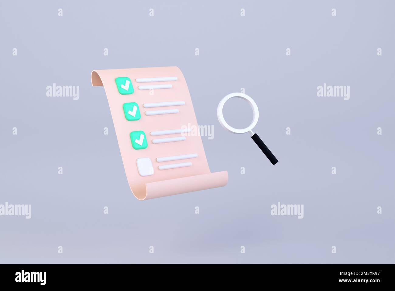 3D. checklist paper and hand holding magnifying glass. paper with check marks, tick icons. Stock Photo