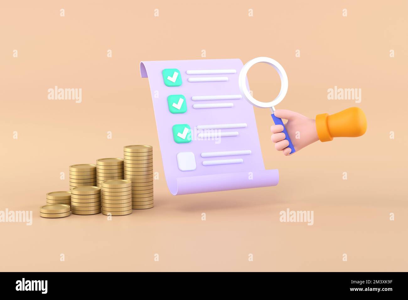 3D. check list with businessman hands holding magnifying glass, check