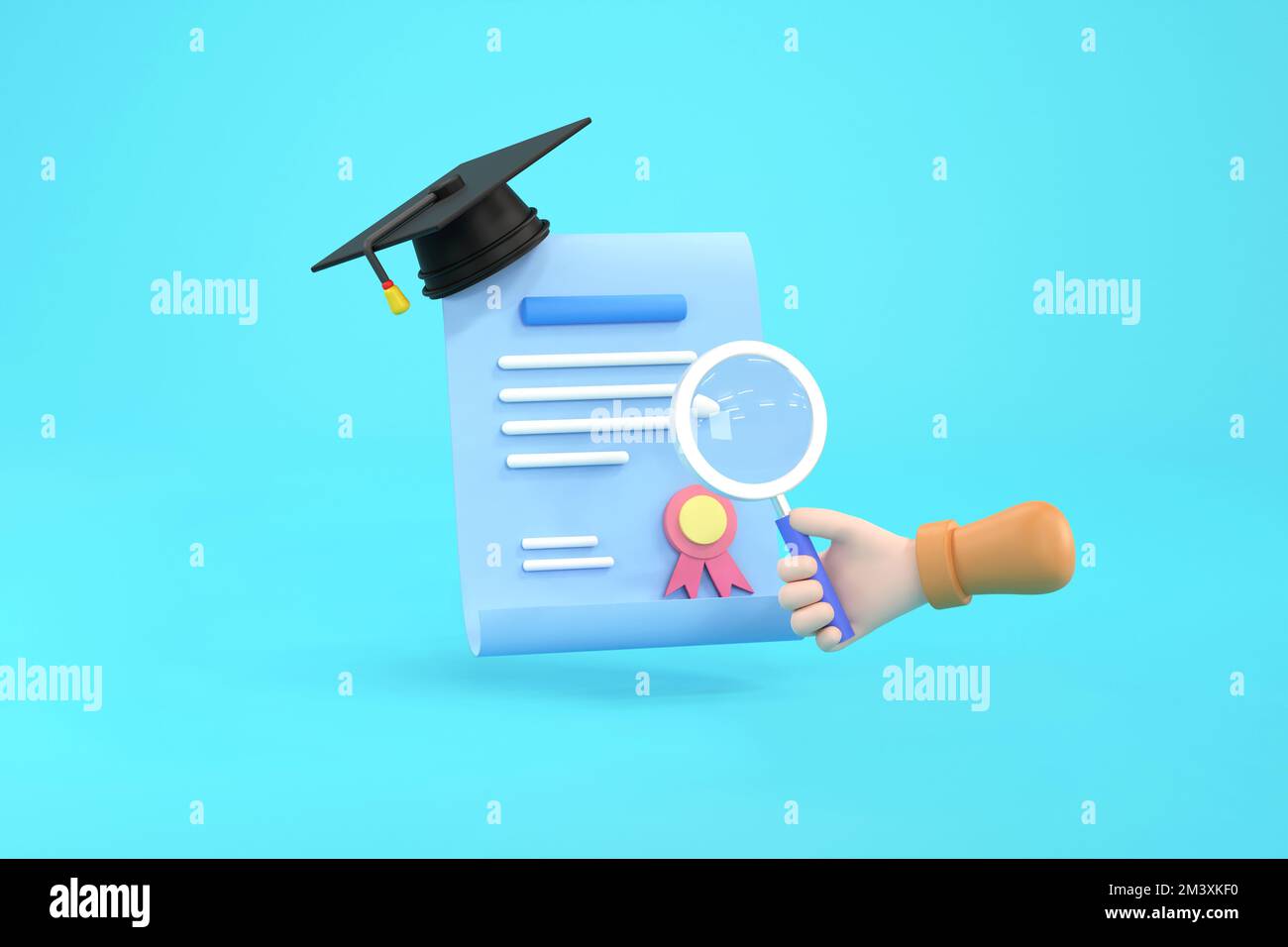 3D. hand hold magnifying glass, mortarboard hat and diploma Stock Photo ...