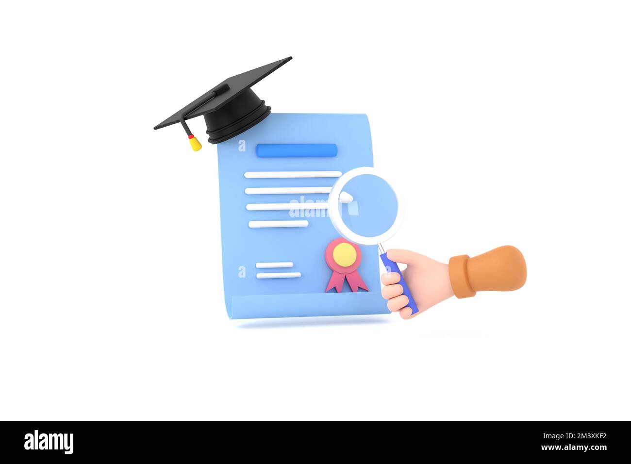 3D. hand hold magnifying glass, mortarboard hat and diploma Stock Photo ...