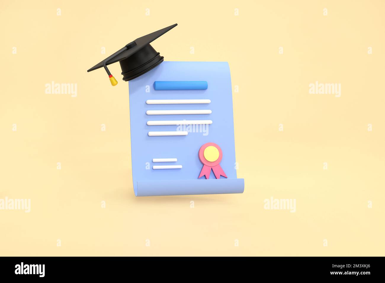 3D. Achievement, award, grant, diploma concepts. graduation certificate with stamp and ribbon bow. Stock Photo